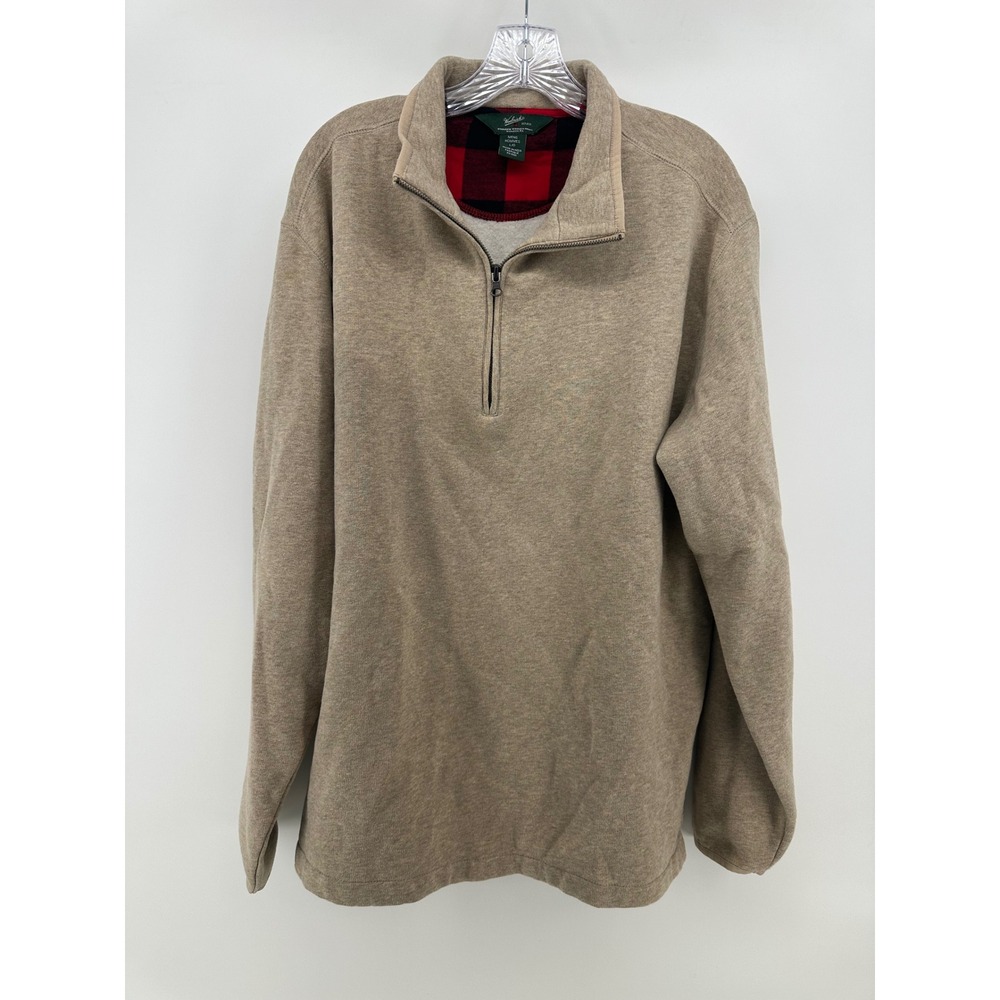 Woolrich Mens Quarter Zip Pullover Tan Heather Fleece Plaid Lined Large 8301